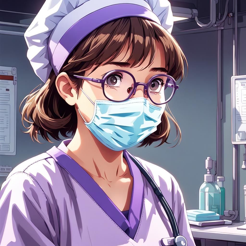 Anime-Style Illustration of an Adorable Nurse in Purple Scru...