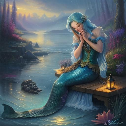 Mermaid Teasing Fisherman in Ethereal Fantasy Style