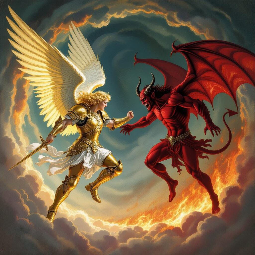 Seraphim Angel Michael Battles Devil in Epic Art Style