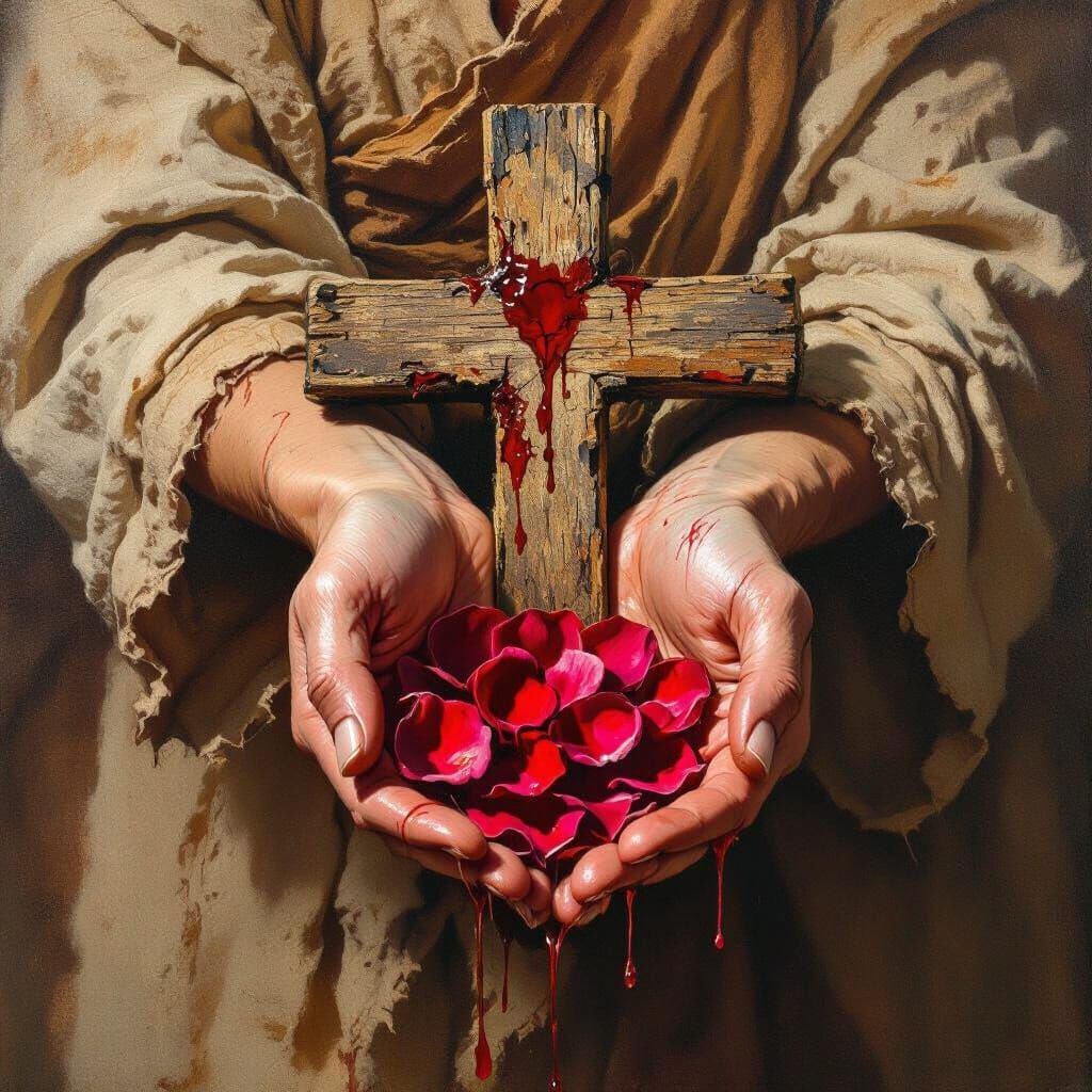 Hands Holding Cross with Blood Roses: Painterly Style
