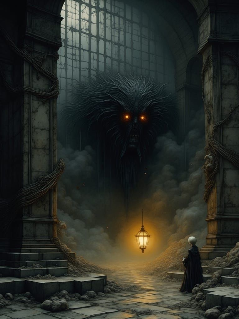 Dark Fantasy Scene: Boy and Rune Cage in Dim Chamber