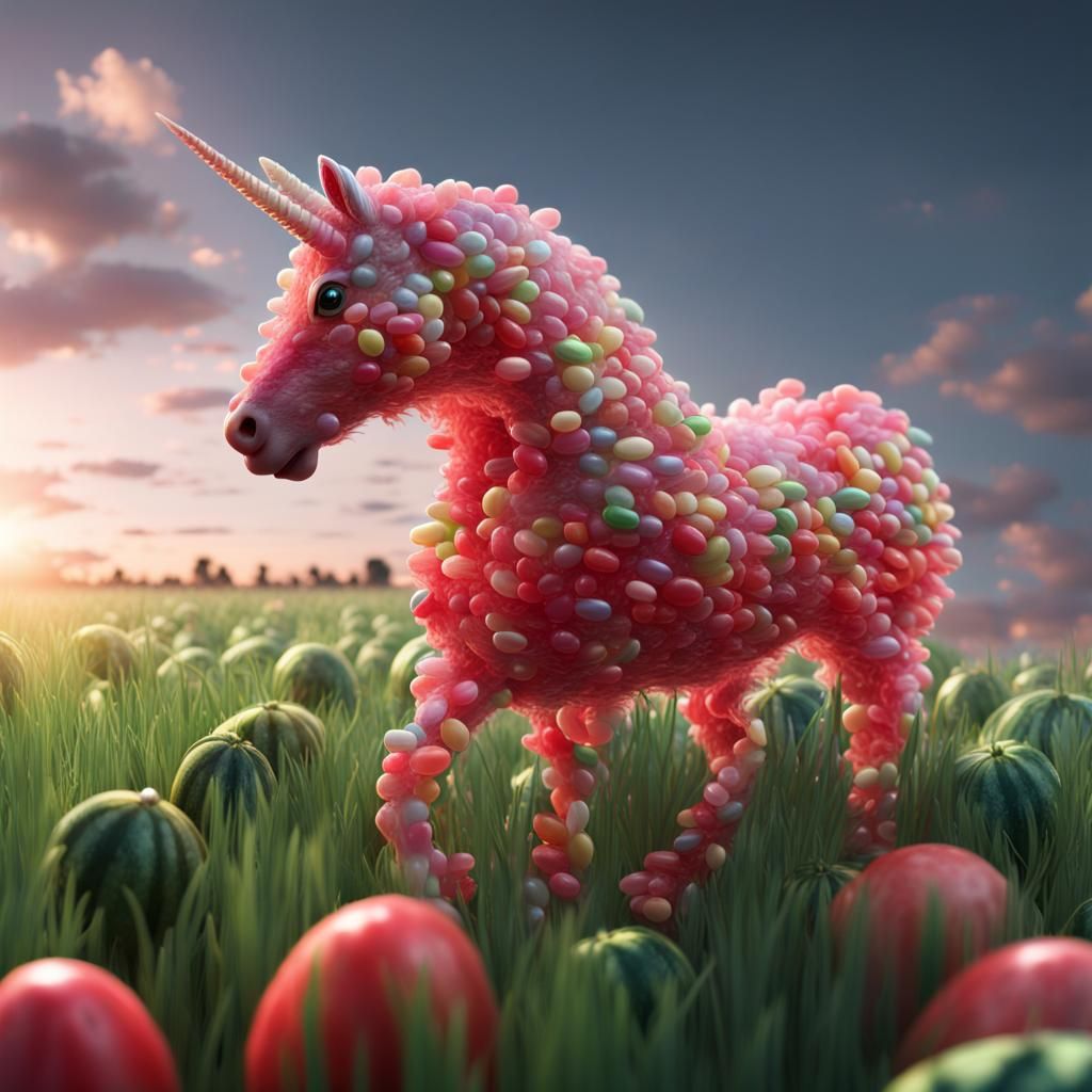 Jelly Bean Unicorn Trotting in a Dream Landscape