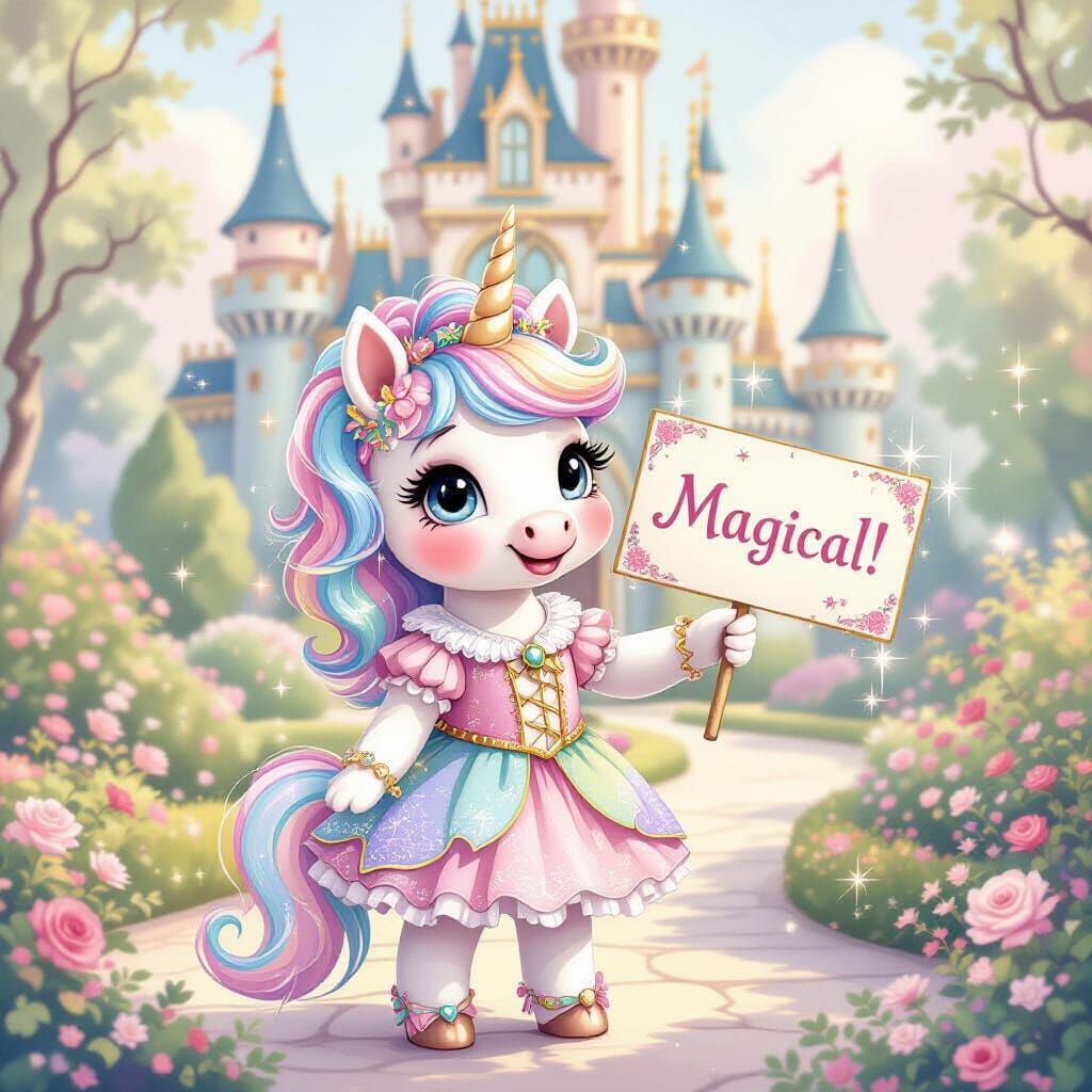 Pastel Unicorn in Fairytale Castle Garden