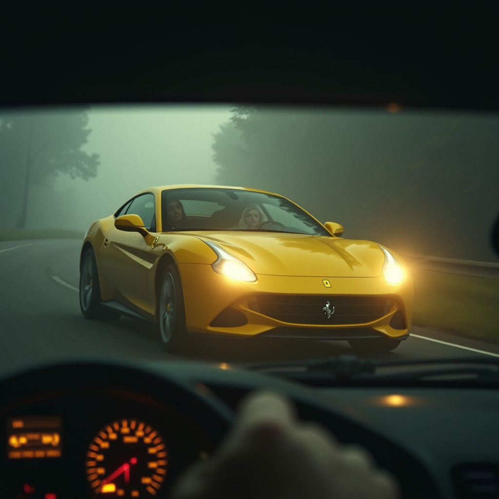 Cinematic Blonde in Yellow Ferrari Amidst Fog