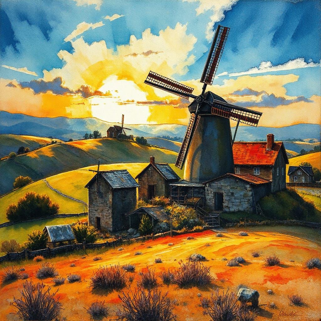 Vibrant Windmill Village Unfurls in Sunlit Fields