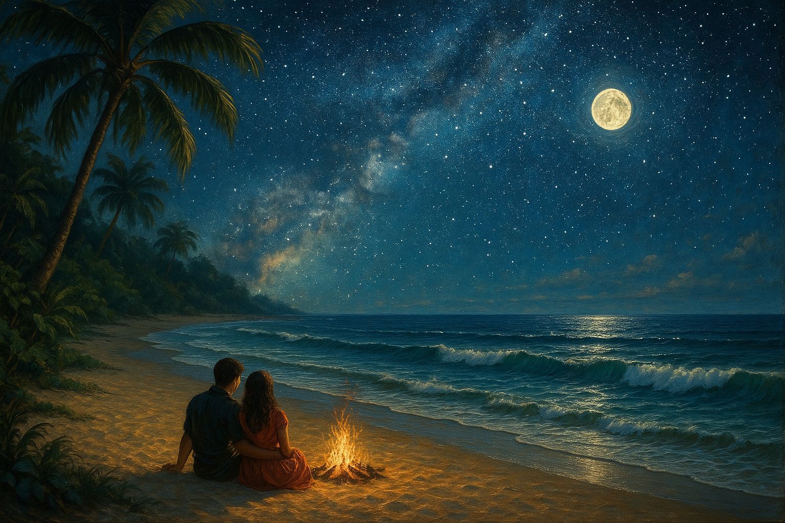 Lovers at Night on a Starry Summer Beach