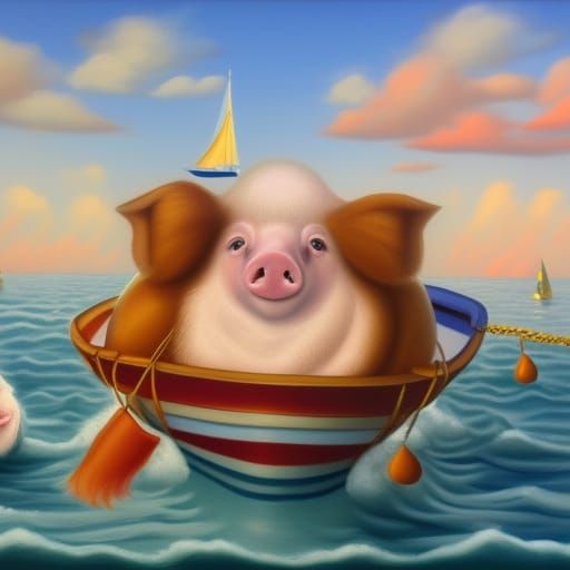 Pigs on Sailboat in Botero-esque Style