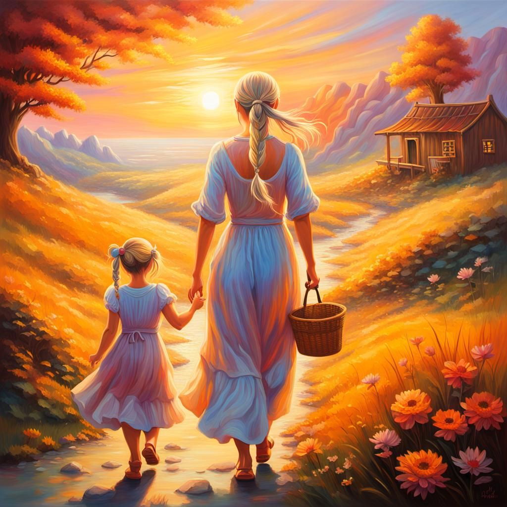 Ethereal Sunrise: Mother and Daughter in Fantasy Oil Paintin...