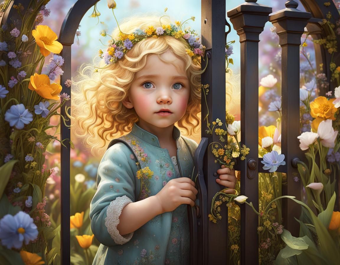Toddler Portrait Through Flower Gate, Photorealistic Style