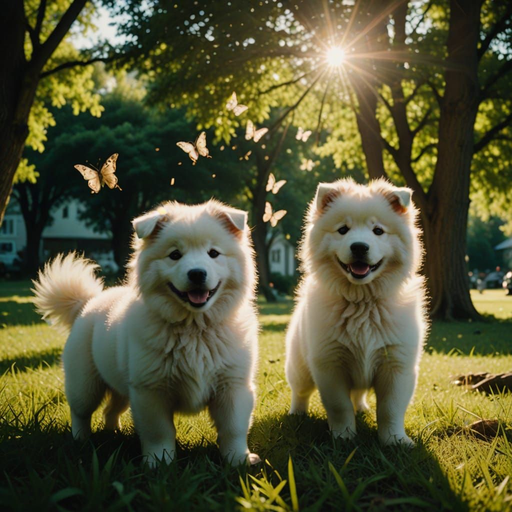 Cinematic Summer Moment with Soft White Samoyed Puppies