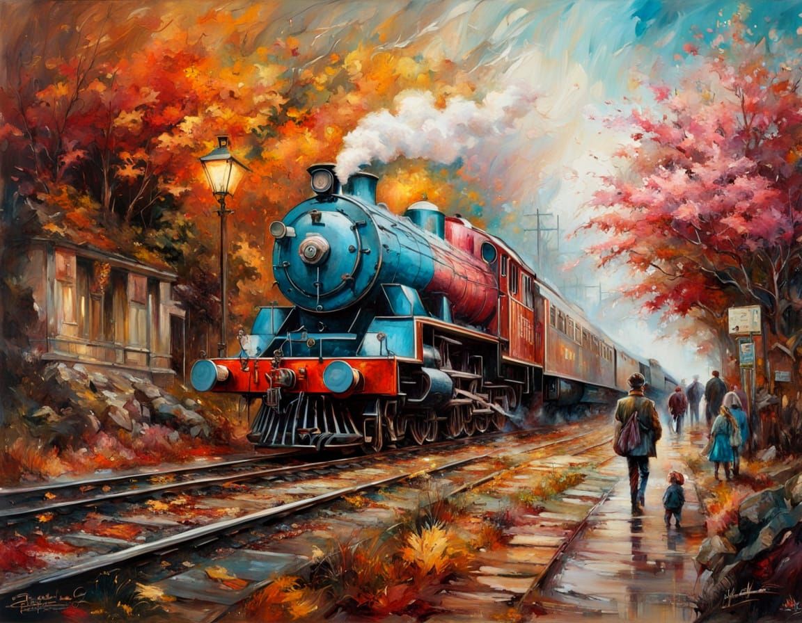 Vibrant Autumn Train Station Painting
