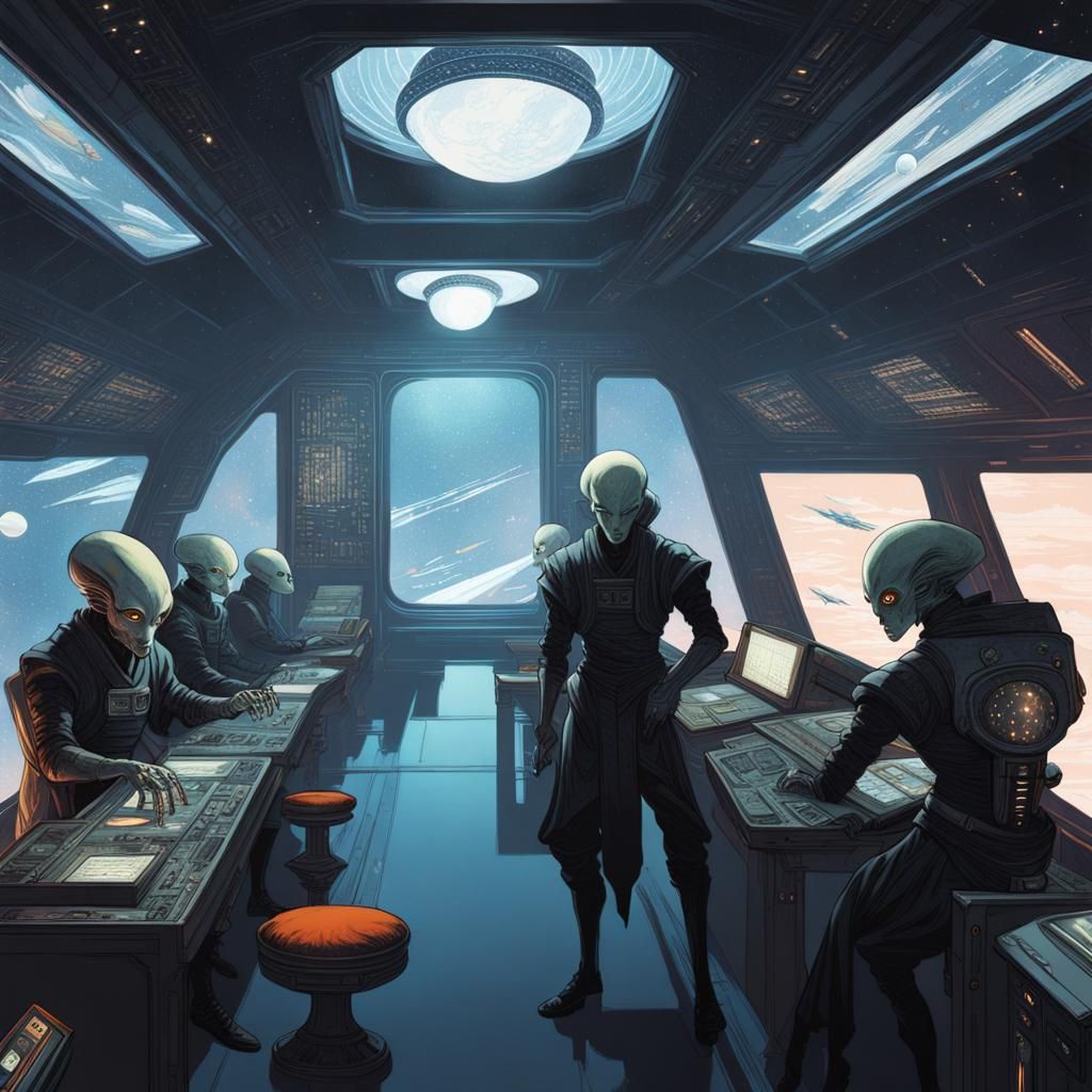 Alien Presidents in Spaceship Control Room: Ukiyo-e Style