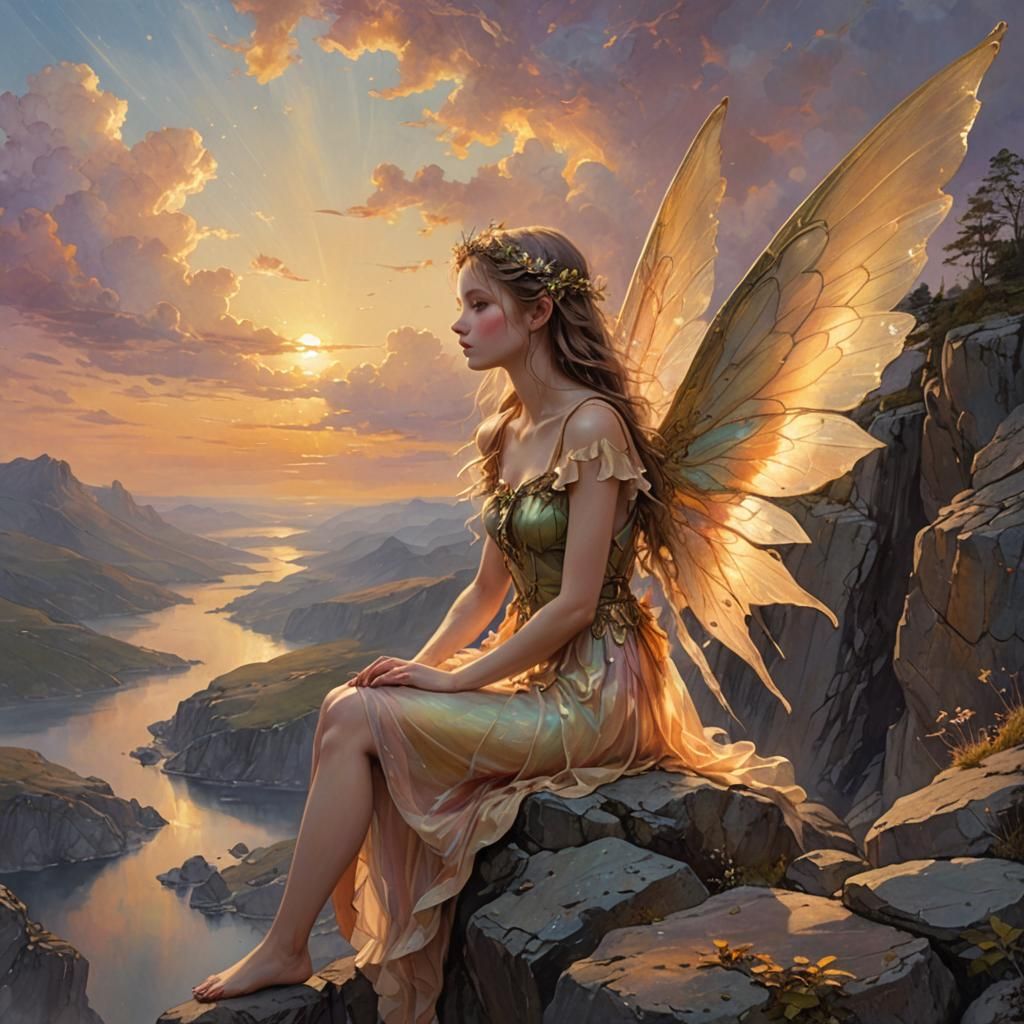 Fairy on Ledge Gazing at Sunset Landscape