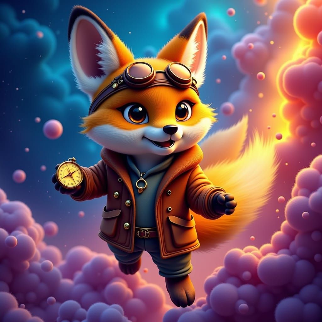Whimsical Fox Pilot Soars Through Nebula with Golden Compass