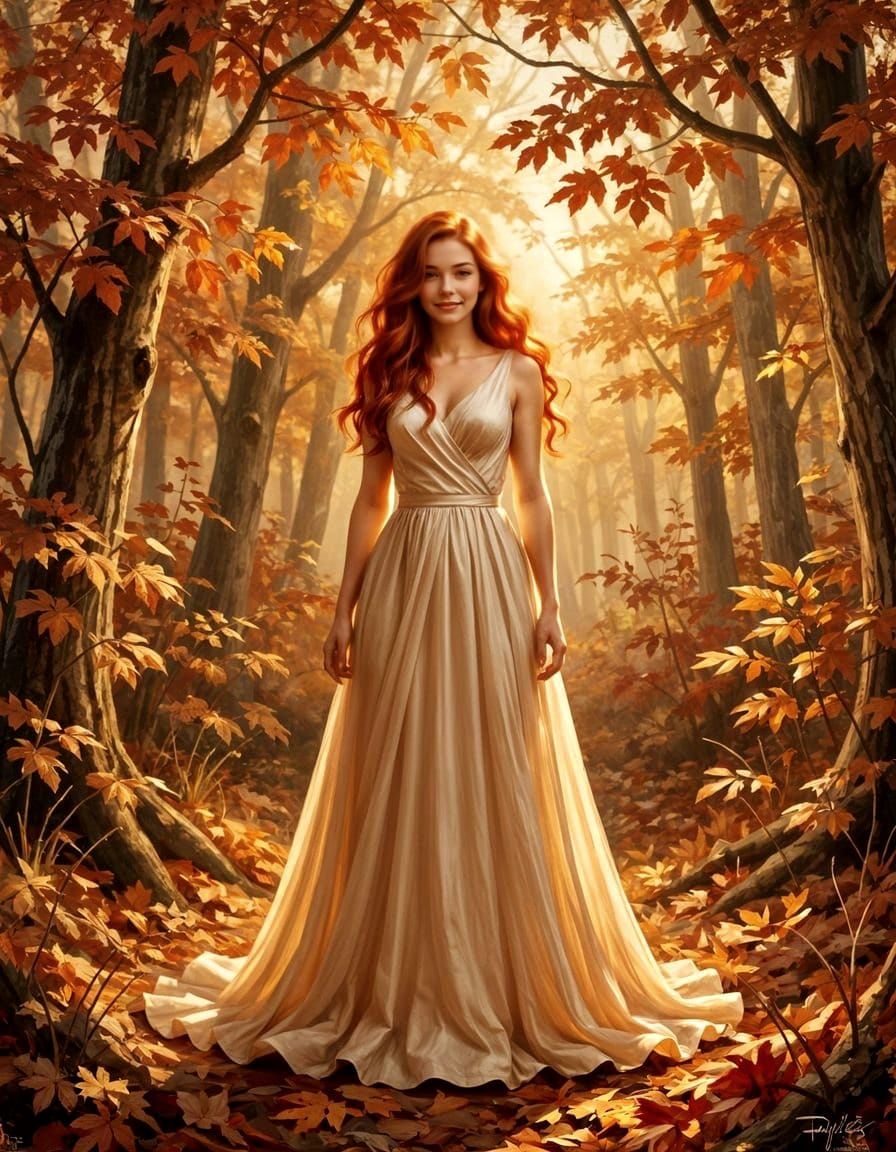 Woman in Golden Autumn Forest with Fiery Hair