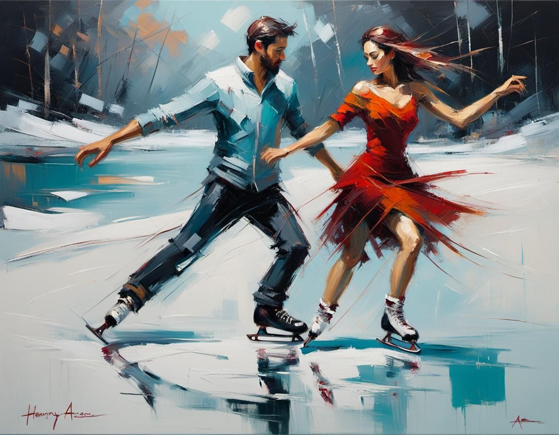Couple Ice-Skating in Abstract Expressionist Style
