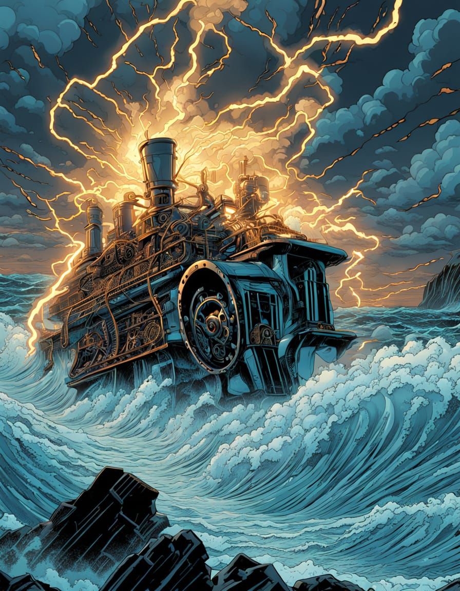 Steampunk Chip Breaking on Rocks with Lightning