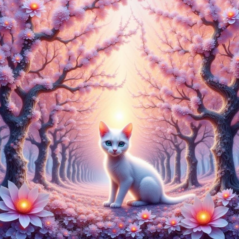 Enchanted Orchard at Dusk with Cat in Alcohol Ink Style