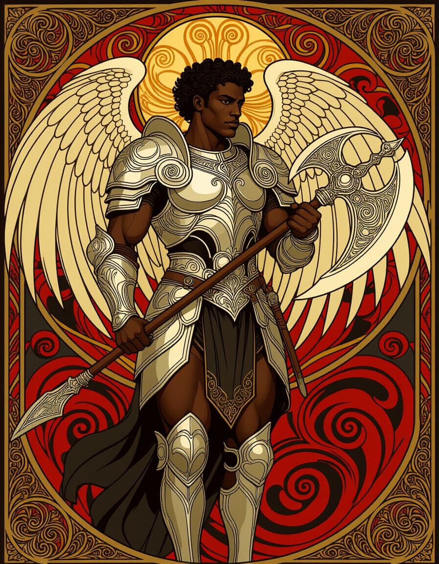 Armored Angel with Battle Axe in Art Nouveau Style