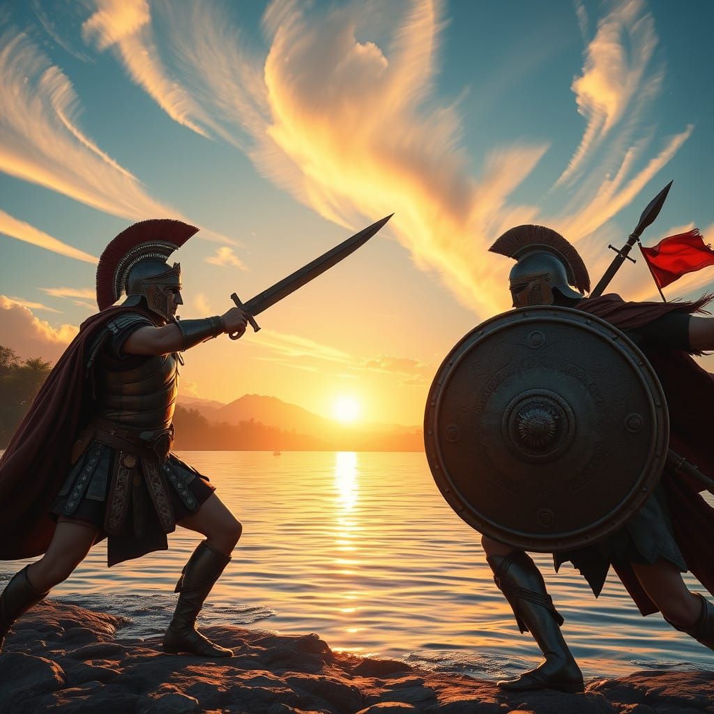 Roman Soldier Engages Persian Warrior in Sunrise Riverbank D...