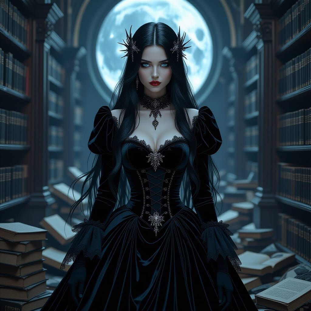 Gothic Woman in Derelict Library, Hyperrealistic Art