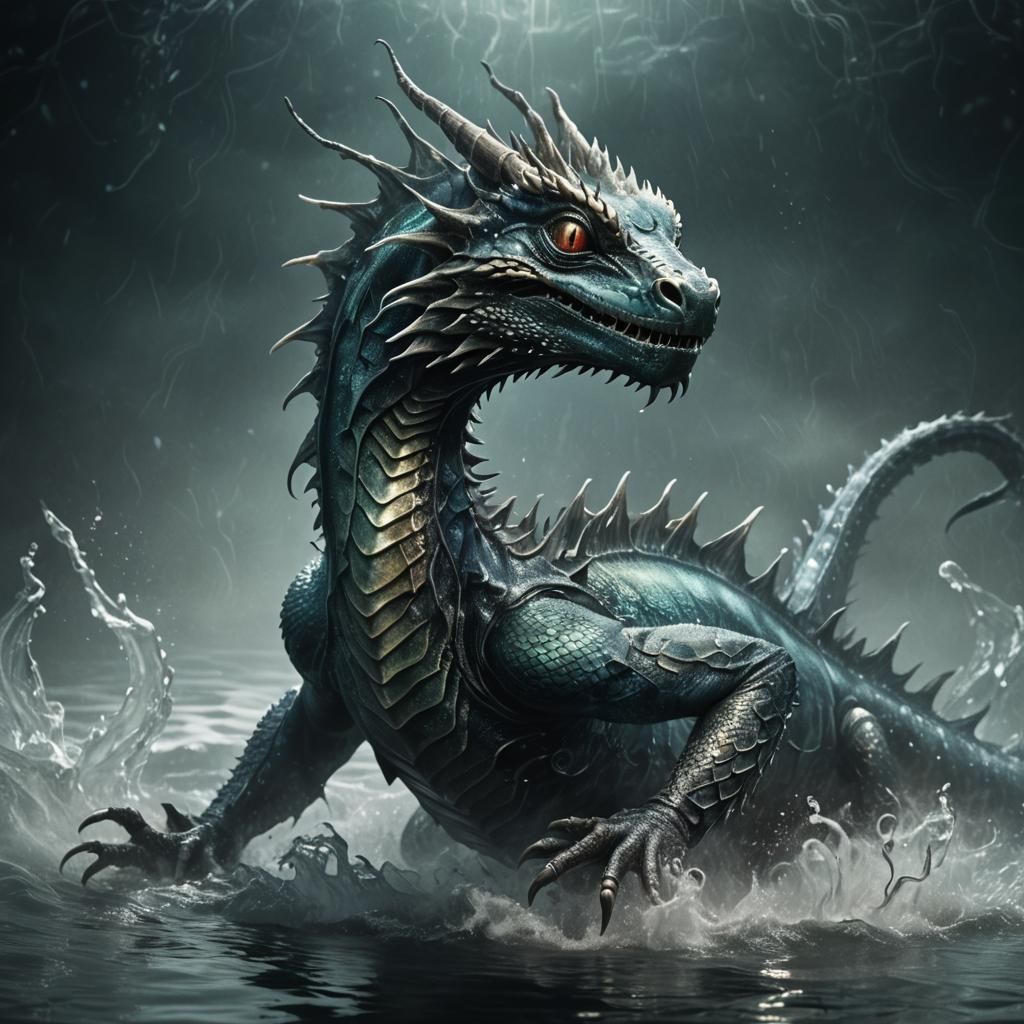 Water Dragon Emerging in Biomechanical Style