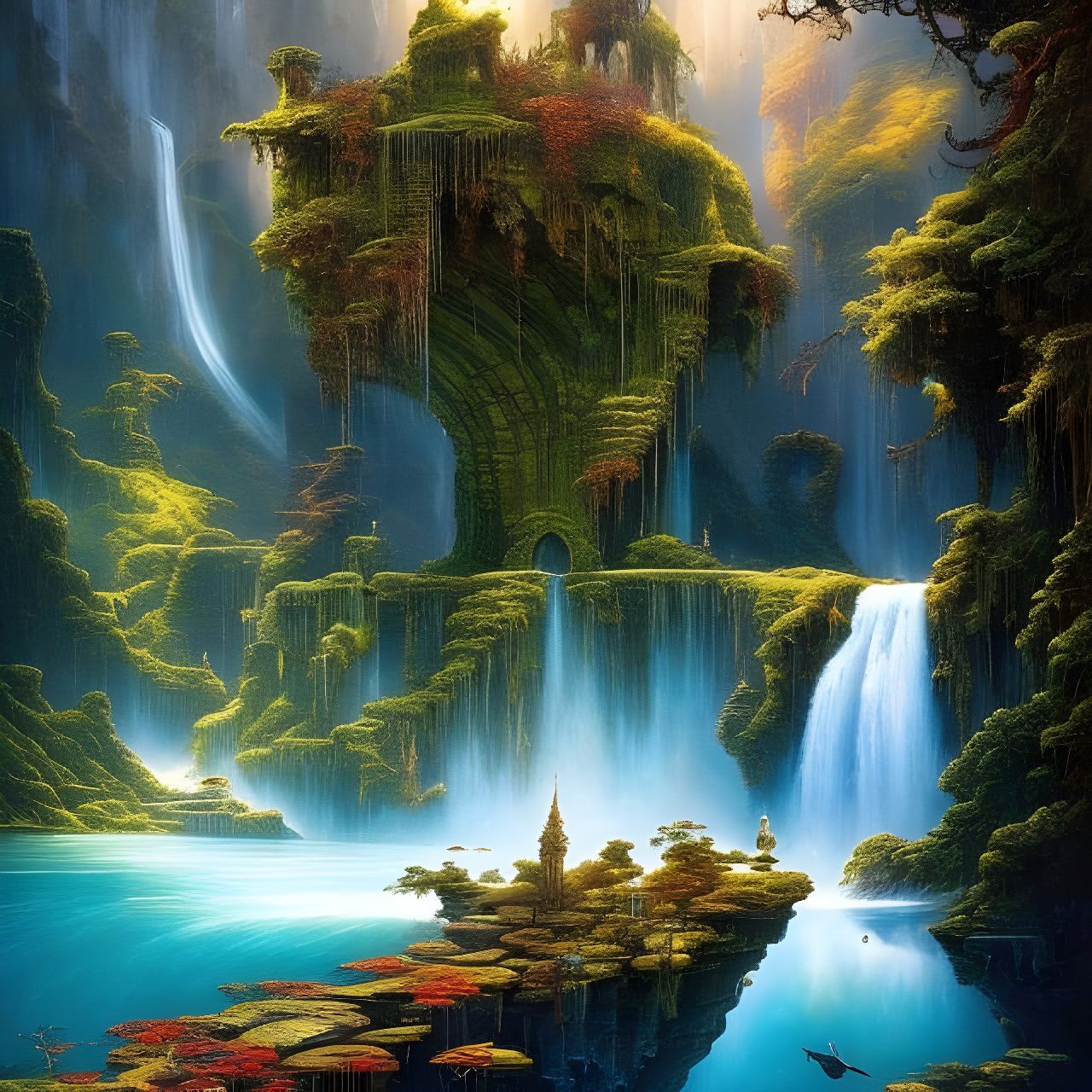 Magic Submarine in Waterfall Lake: Dungeonpunk Art