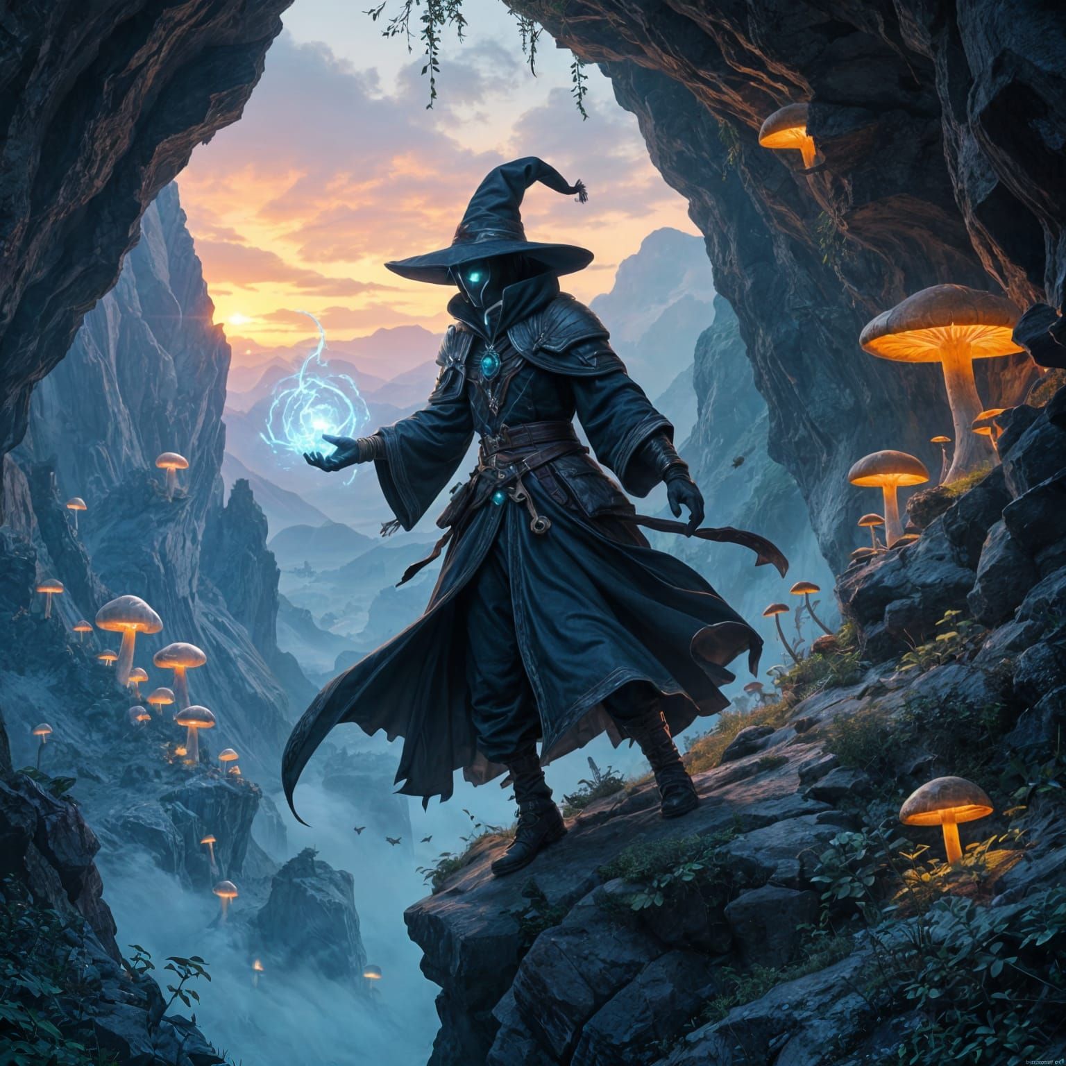 Dark Wizard Leaping from Cliff in Mystical Cave