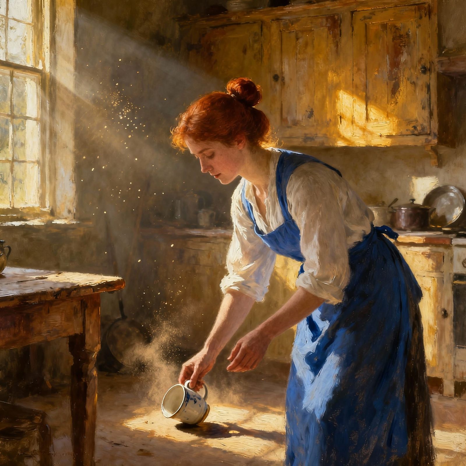 Woman Picking Up Cup in Sunlit Rustic Kitchen