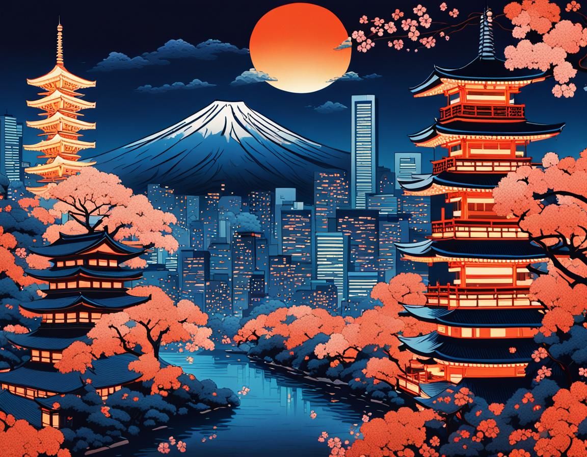 Tokyo Cityscape in Hokusai Ukiyo-e Style