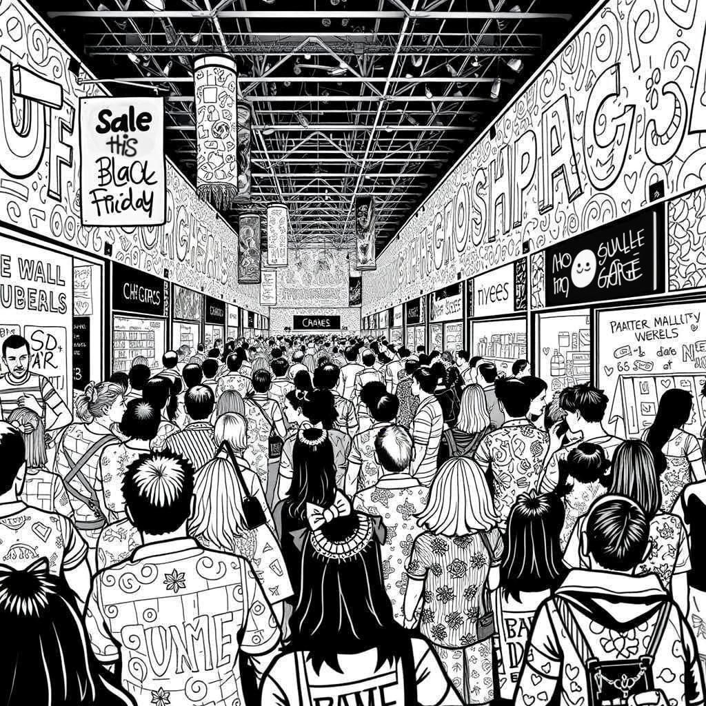 Doodle Art Shopping Mall Crowd Scene