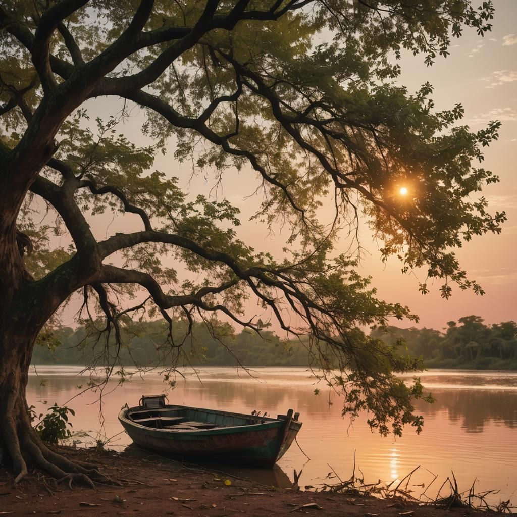 Lonely Boat Under Tree at Sunset