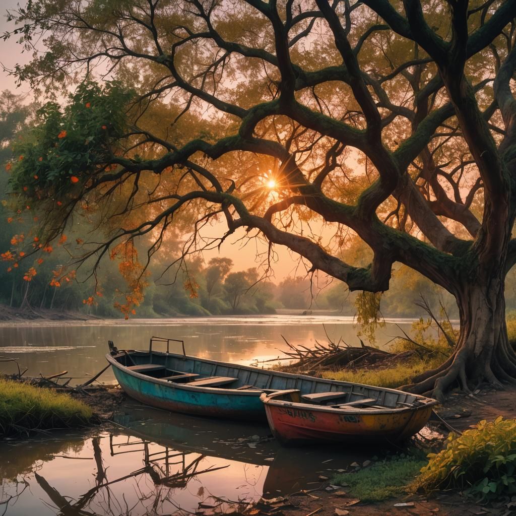 Lonely Boat Under Withered Tree, Surreal Colors