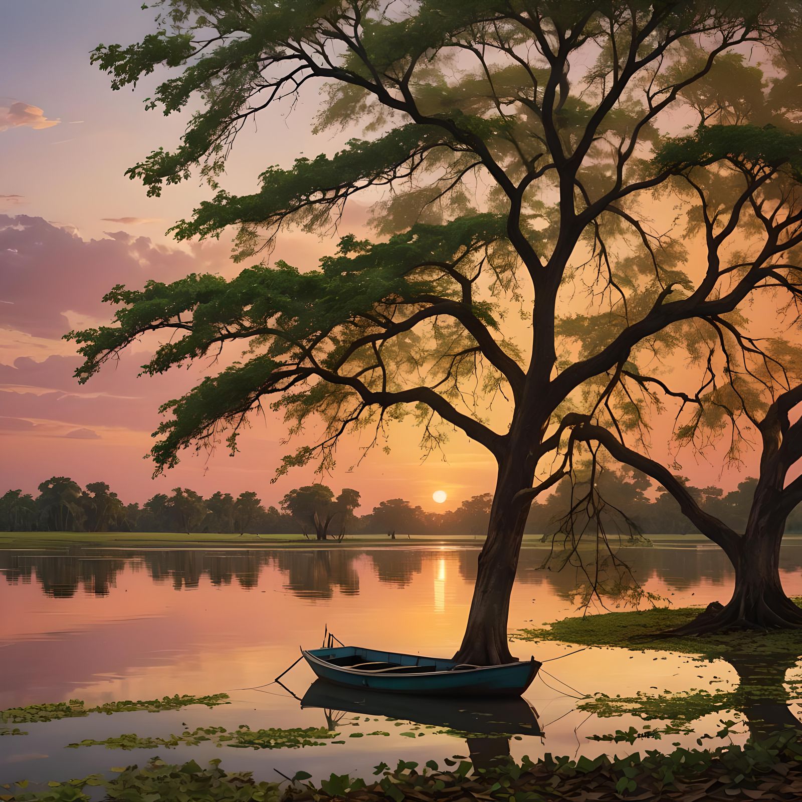 Lonely Boat Under Tree at Sunset