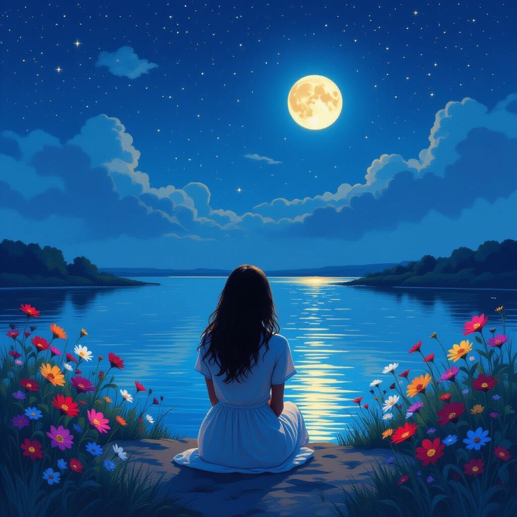 Woman Contemplates Starry Night in Hyperrealistic Neo-Impres...