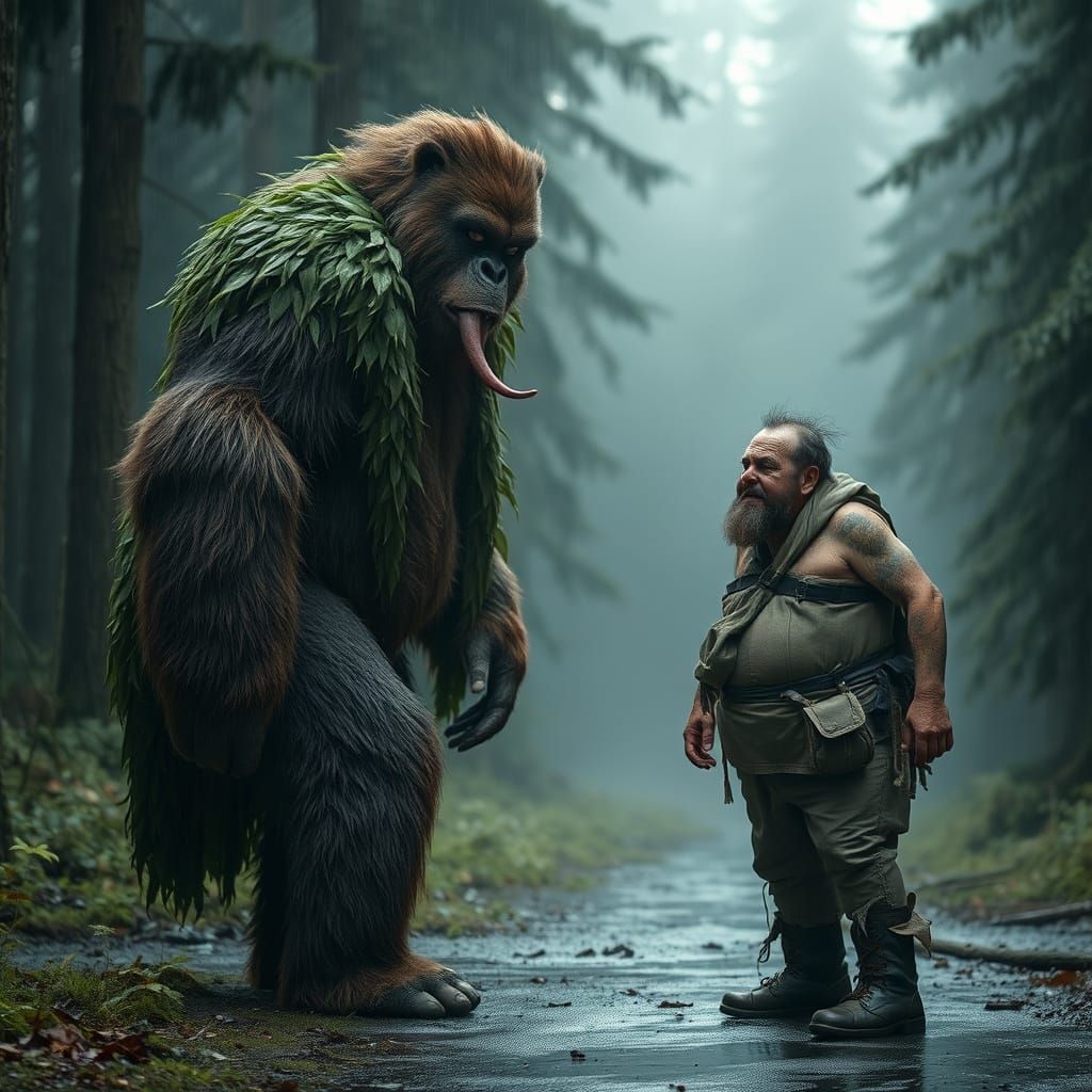 Bigfoot Teases Man in Misty Forest, Realistic Style