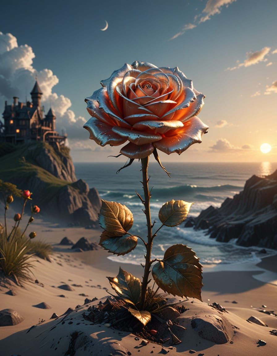 Giant Magic Fluorescent Rose on Hill at Golden Hour