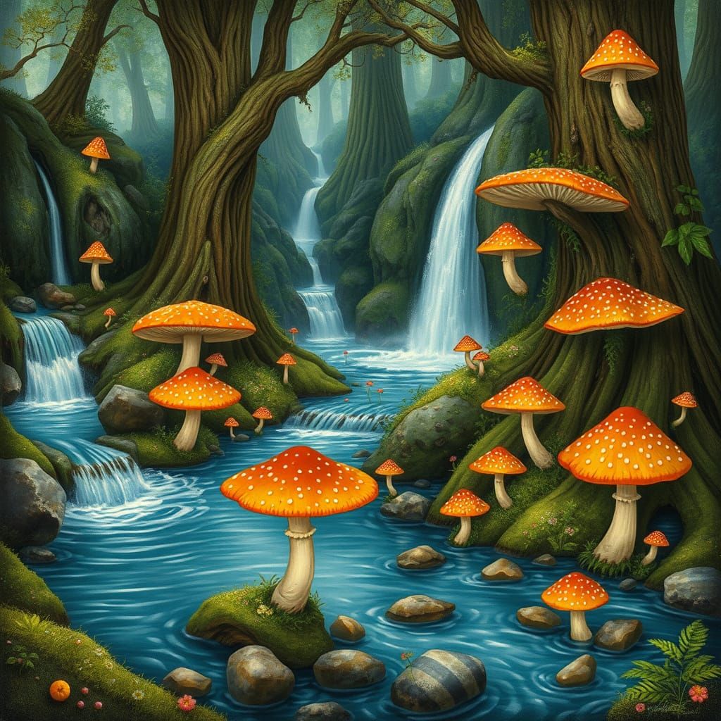 Whimsical Mushroom Waterfall Landscape