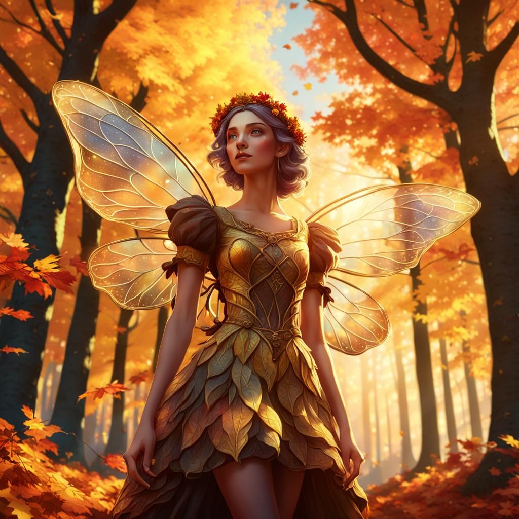 Thanksgiving Fairy in Autumn Forest, Art Nouveau Style