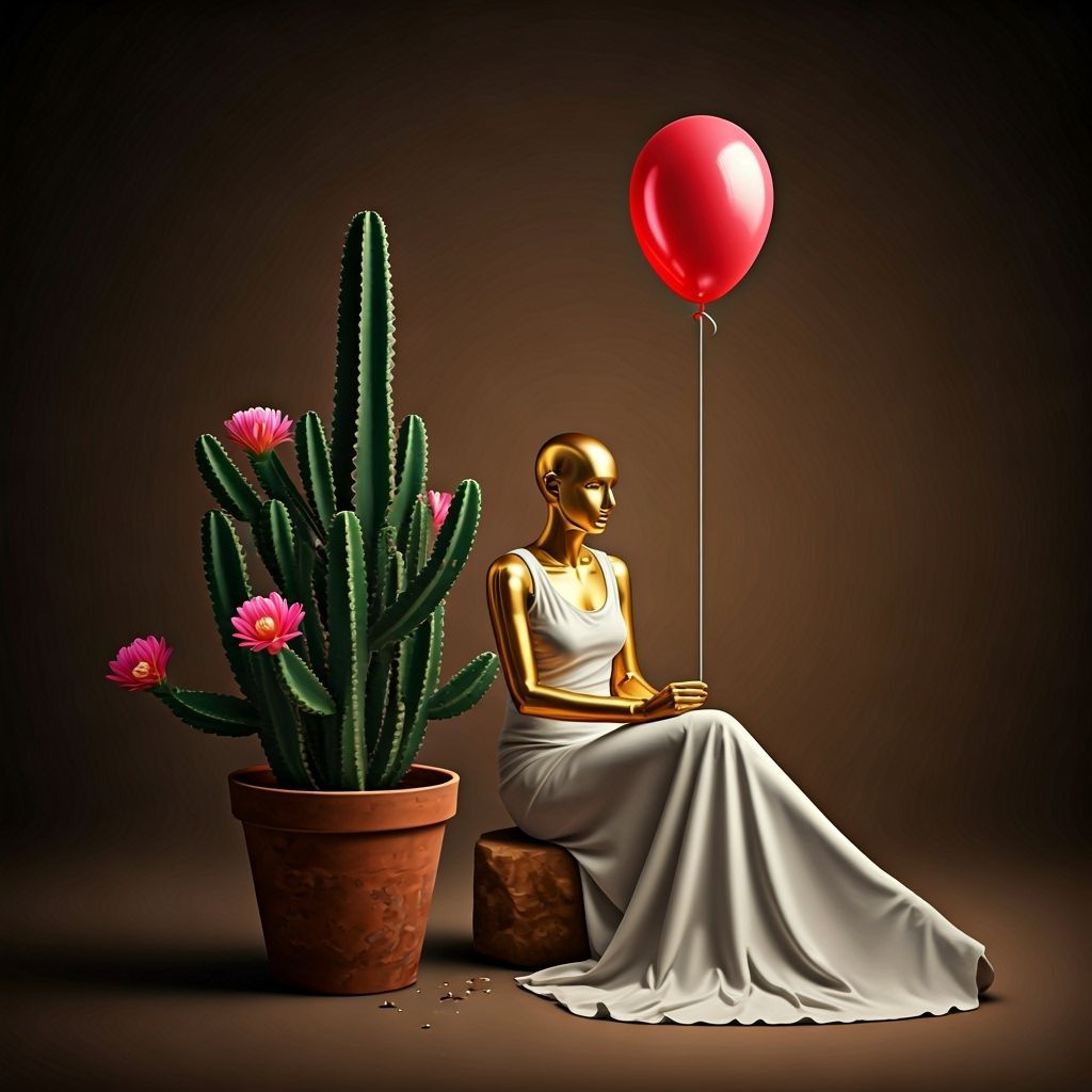 Android with balloon and cactus