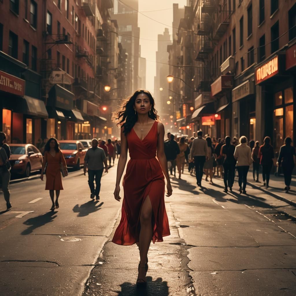 Latina in Red Dress, Cinematic Cityscape