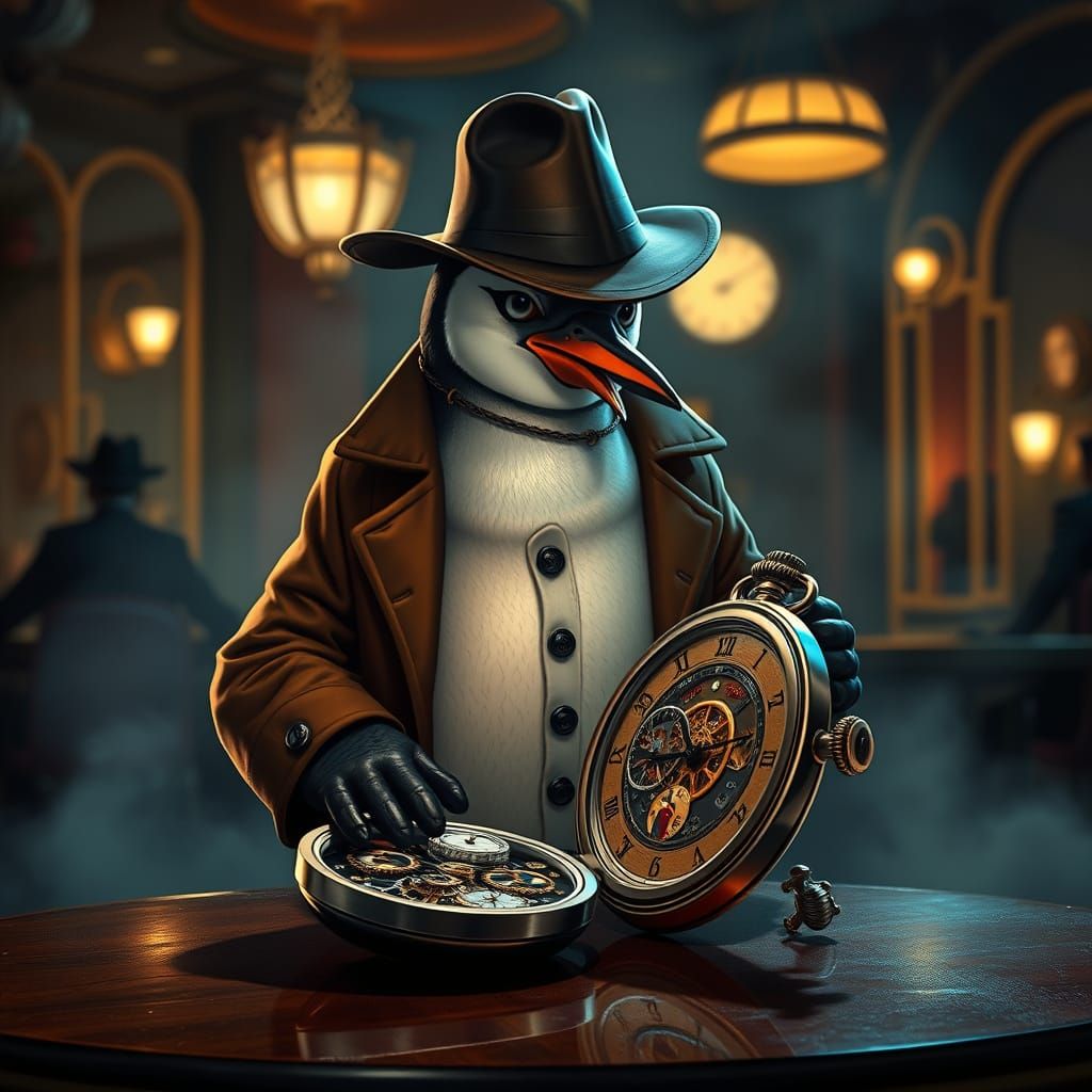 Penguin Detective Examines Watch in Smoky Jazz Club