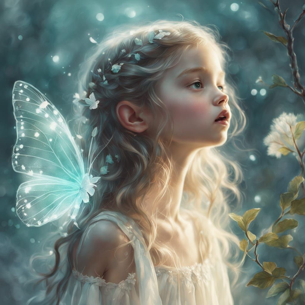 Adorable Elf Girl Yawning on Glowing Branch in Pastel Tones