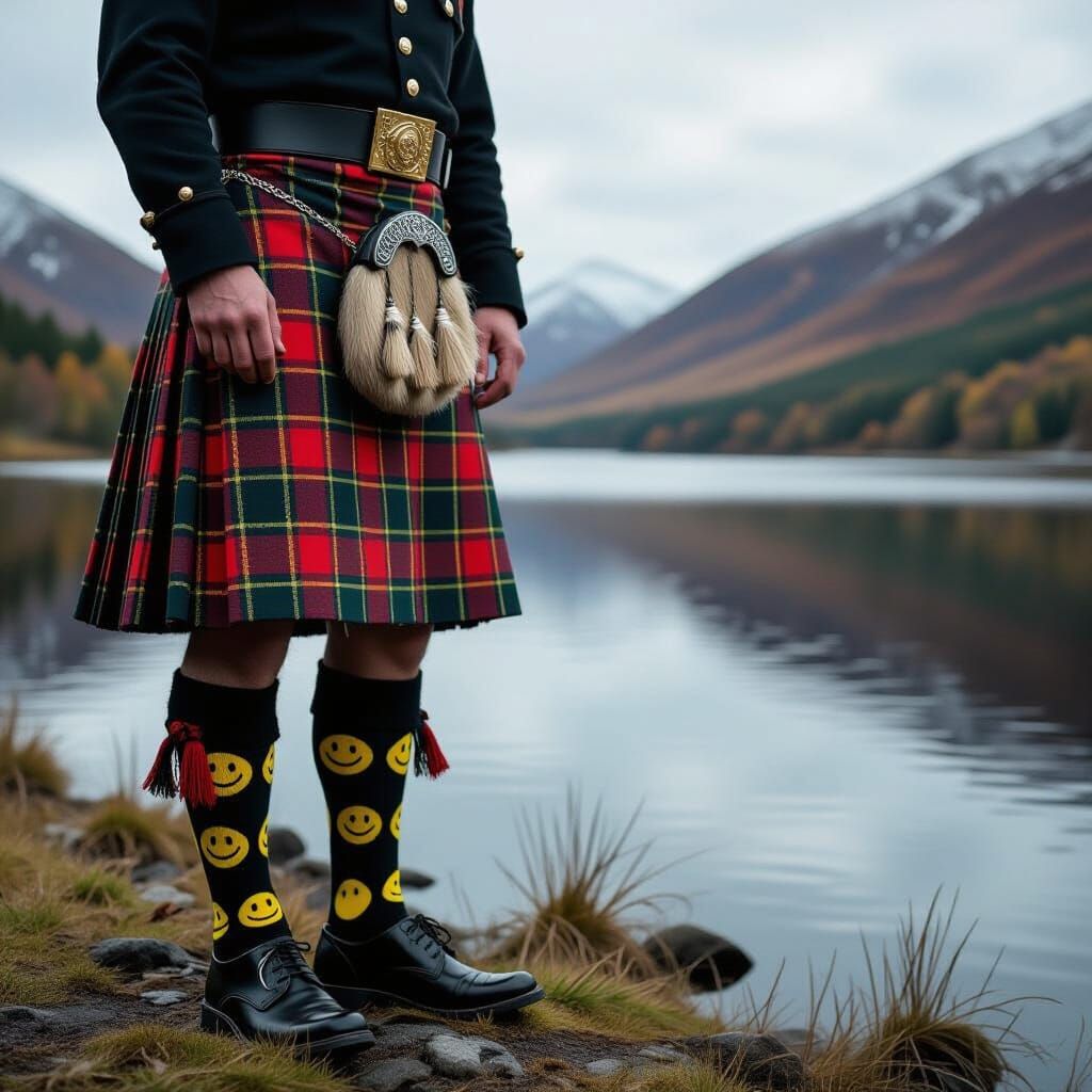 Scottish Man in Kilt with Smiley Socks, Cinematic Film Still