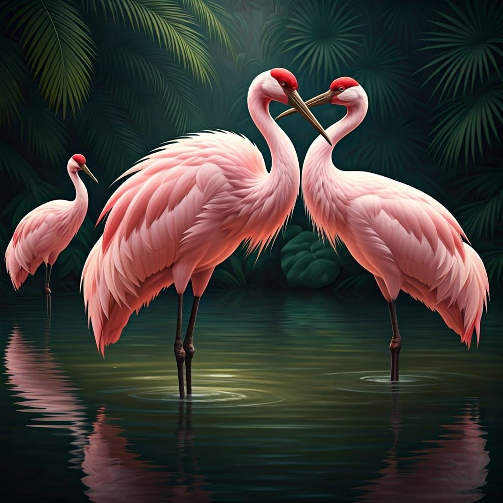 Pink Cranes in Tropical Water: Hyper Realistic Digital Art