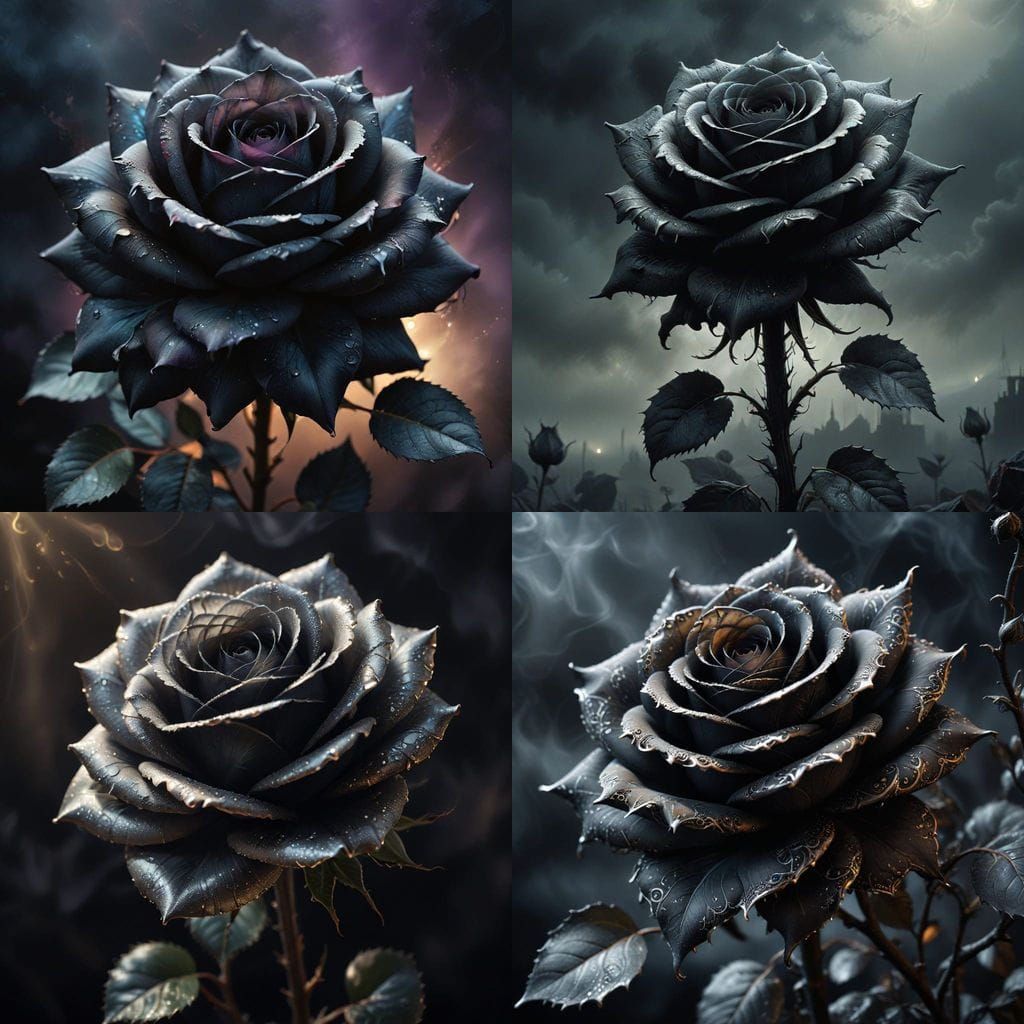 Velvety Black Rose with Wavy Petals in Silver