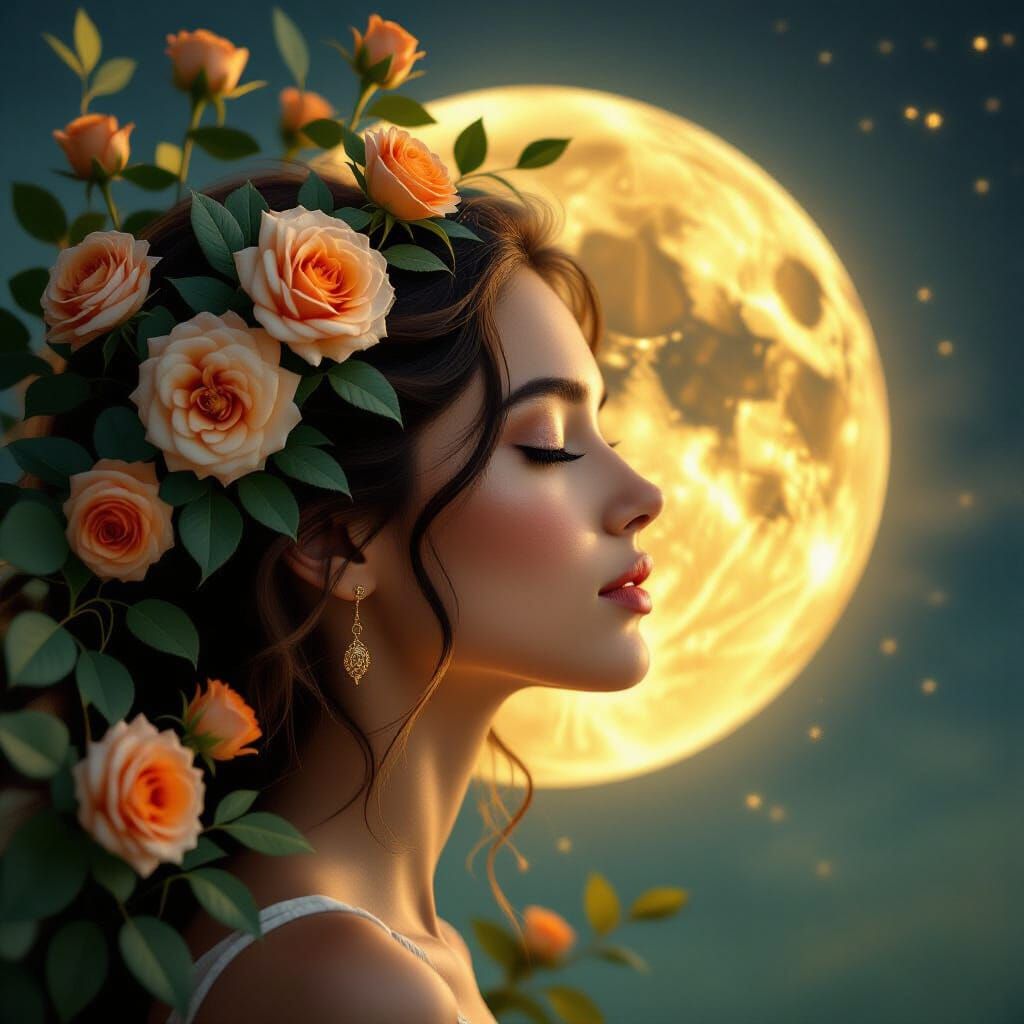 Golden Crescent Moon Becomes Serene Female Face with Lush Fl...