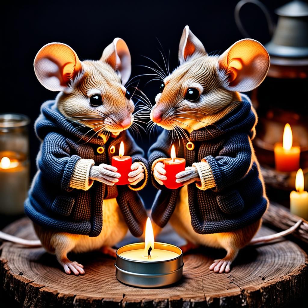 Mice in Hats Gather Around Candlelight