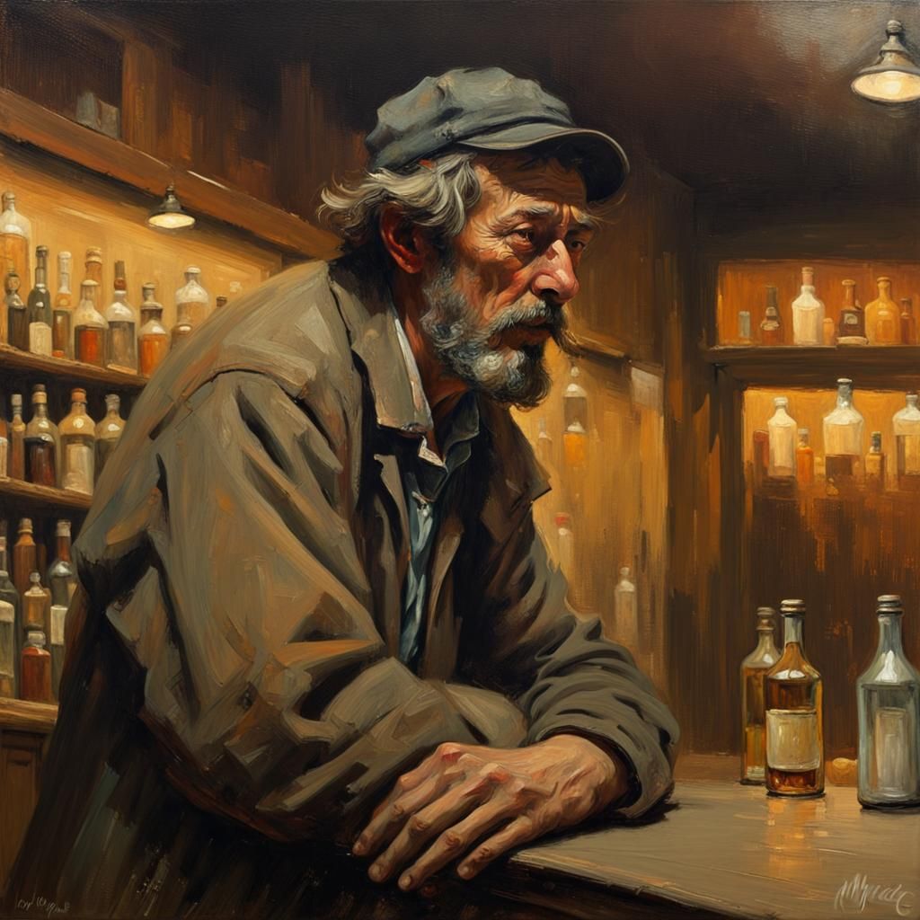 Hobo at Liquor Store as Oil Painting