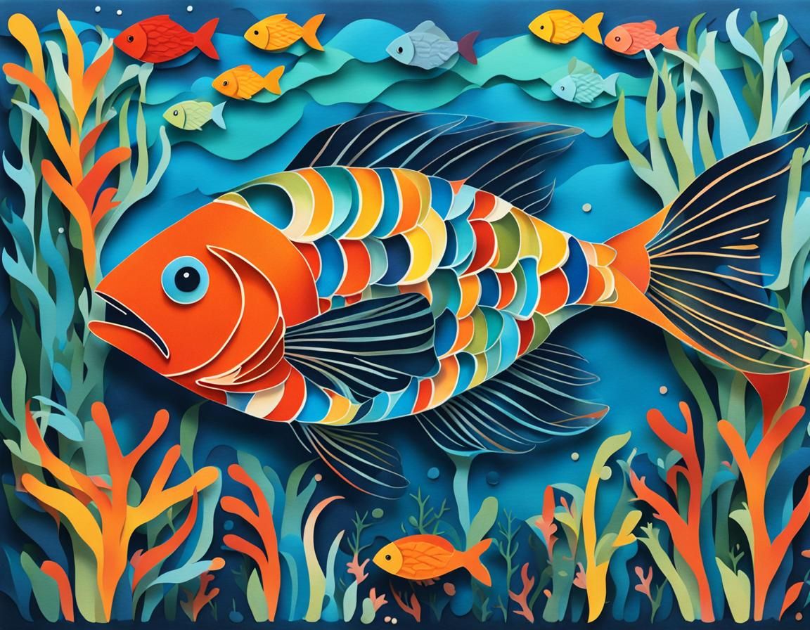 Whimsical Papercut Fish in Kelp Forest